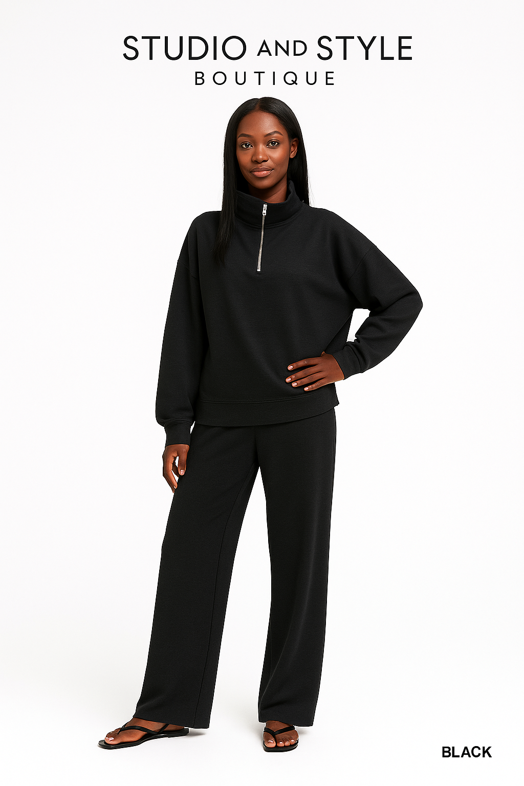 Zenana Ribbed High Neck Half Zip Pullover & Pants Set