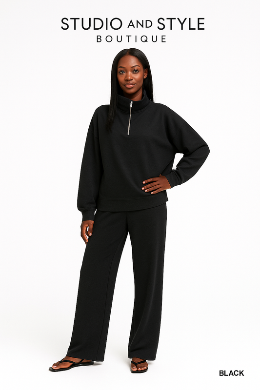 Zenana Ribbed High Neck Half Zip Pullover & Pants Set